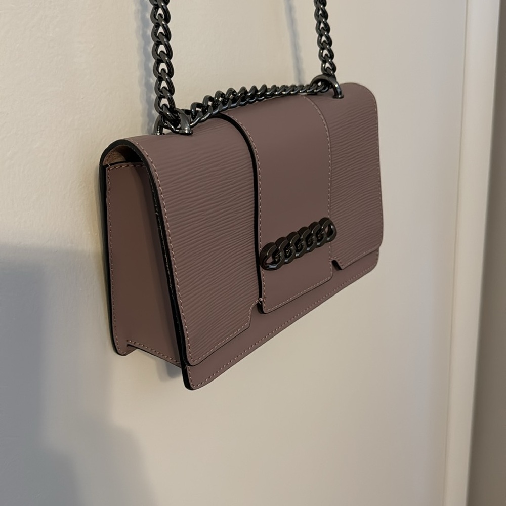 Dusty Rose Coated Leather Crossbody with chain detail